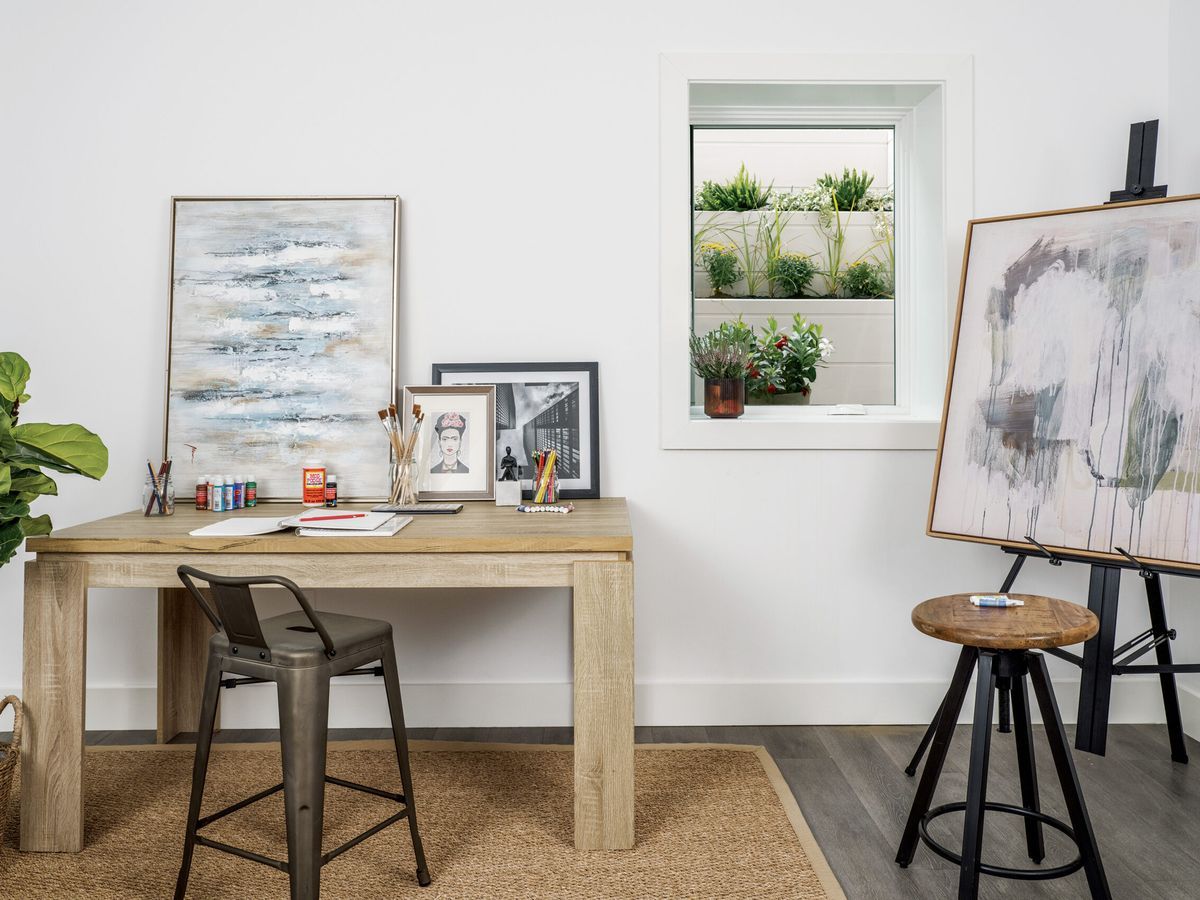 Egress window in a basement art studio