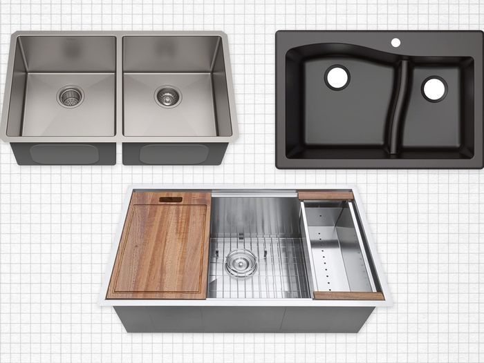 Three double basin kitchen sinks against a grey graph paper background. Lead image for the best kitchen sink guide