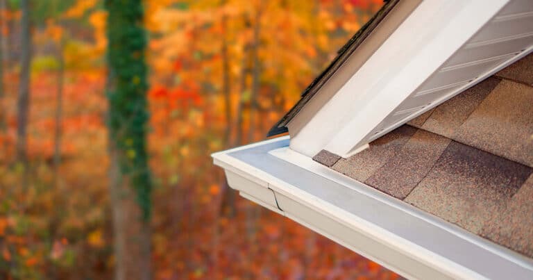 Gutter with LeafFilter gutter guards surrounded by fall trees