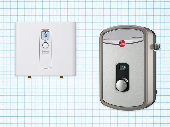 Stiebel Eltron Tankless Water Heater and Rheem Tankless Electric Water Heater isolated on a white grid paper background with blue lines; lead image for the best tankless water heaters buying guide