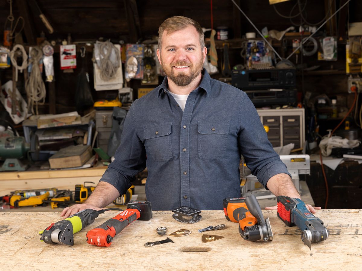 Portrait of Nathan Gilbert with oscillating multitools.