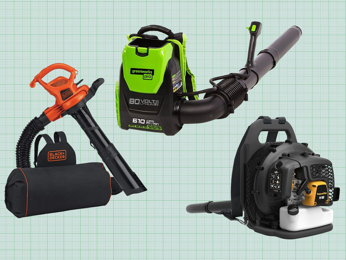 Poulan Pro PR48B Backpack Leaf Blower,Greenworks Cordless Brushless Backpack Leaf Blower, and BLACK+DECKER Electric Leaf Blower isolated on a green grid paper backgroun